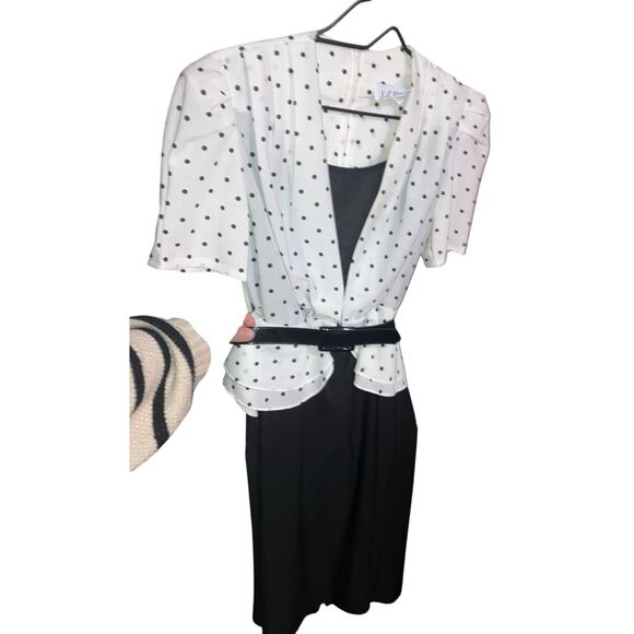 SL Petites 8 Dress White Polka Dot 1980s Puff Tulle Belted Black Skirt Secretary - Picture 2 of 12